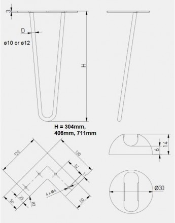 The Arto Hairpin Metal Table Leg 304mm, 406mm or 711mm BLACK