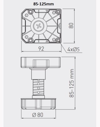 Heavy duty plastic black adjustable plinth feet leg, up to 450, 50-75mm, 85-125mm and 125-195mm