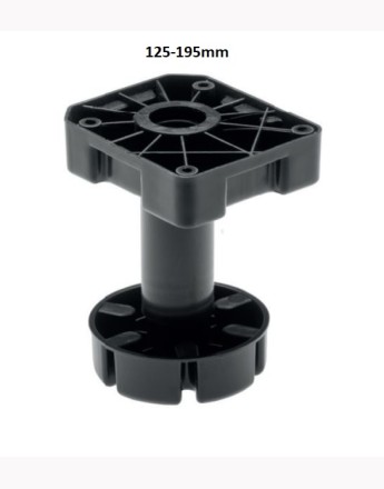 Heavy duty plastic black adjustable plinth feet leg, up to 450, 50-75mm, 65-85mm, 85-125mm and 125-195mm