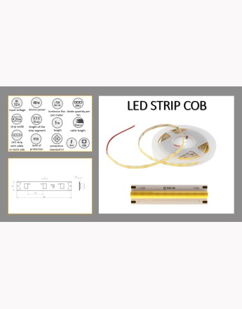 COB LED tape, 40W, IP20, 8mm, roll 5m, 12V, warm or cold white