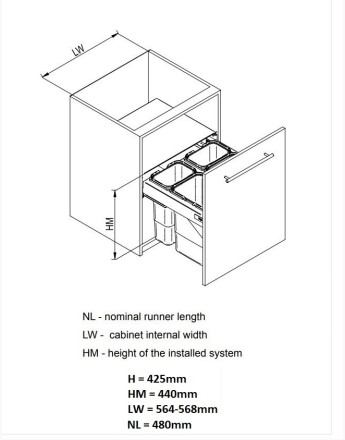 Recycle bin, pull out kitchen waste bin - 600mm - SEGREGO